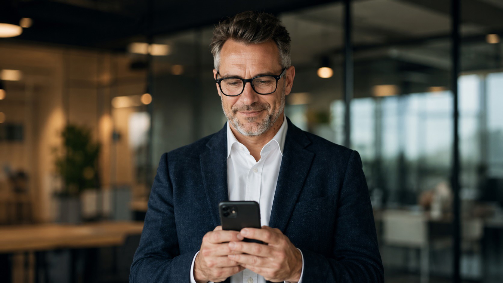 A senior advisor reviewing information on his phone in a workspace