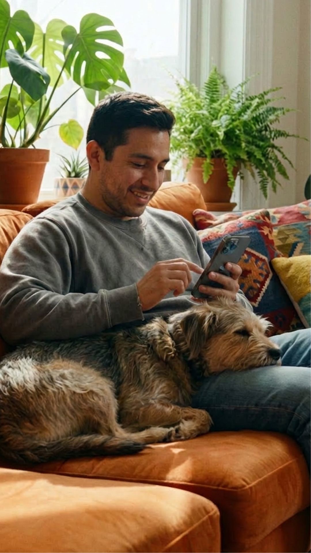 A man relaxing on his couch with his dog, watching a video on his phone