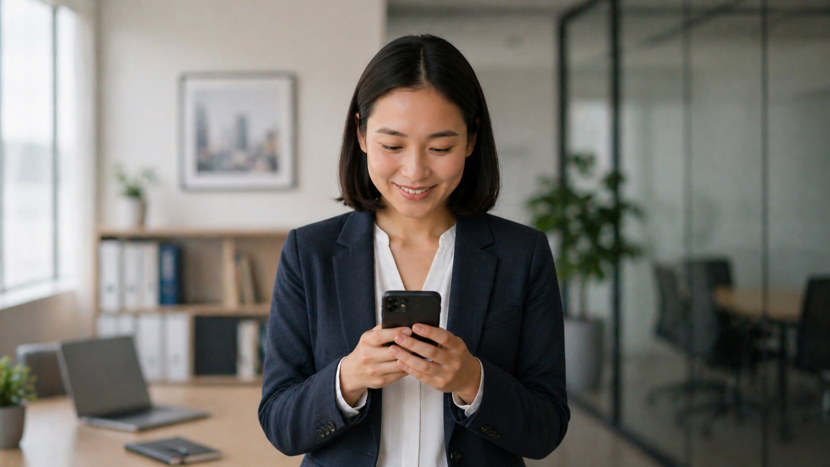 A professional reading content on her phone in a modern office