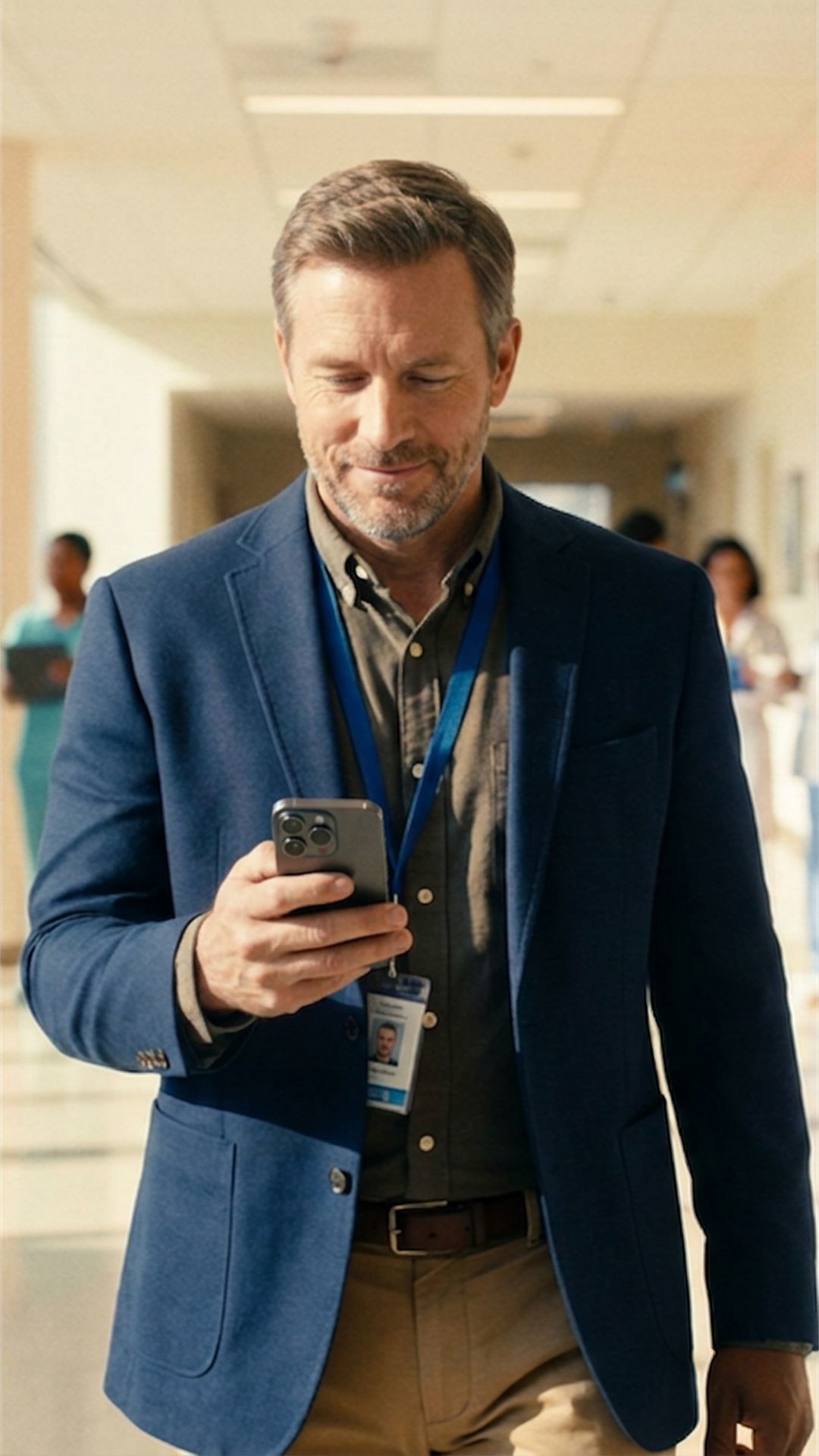 A clinician walking through a hospital, watching a video on his phone