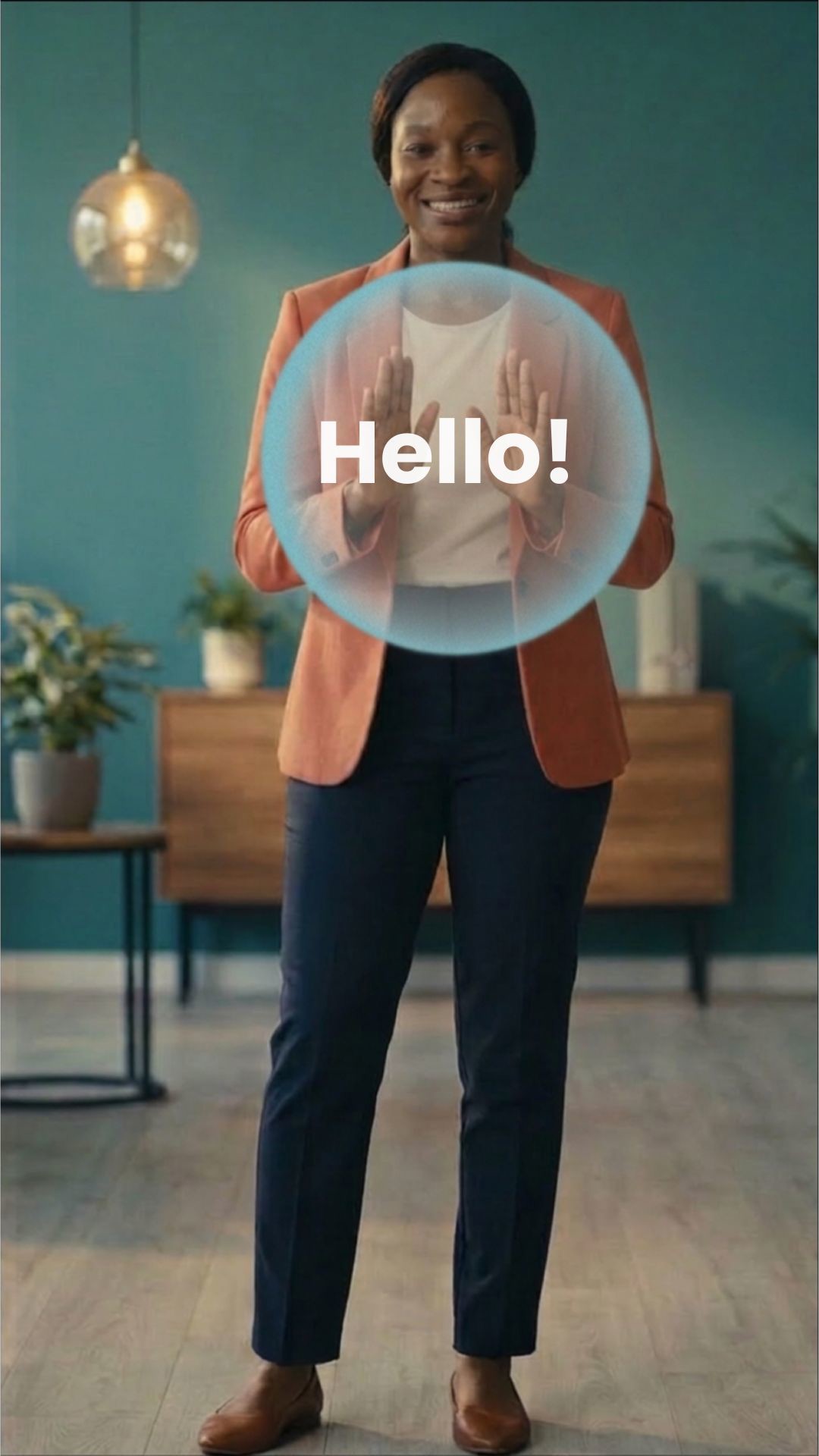 A professional smiling and waving Hello